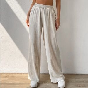 SHEIN Solid Slant Pocket Wide Leg Linen Pants- L Beige/Apricot